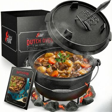Набір чавунного казана BBQ Dutch Oven [Das Original] 10,8 л з підставкою та кришкою-гриль 2,2 л, піднімачем та електронною книгою рецептів