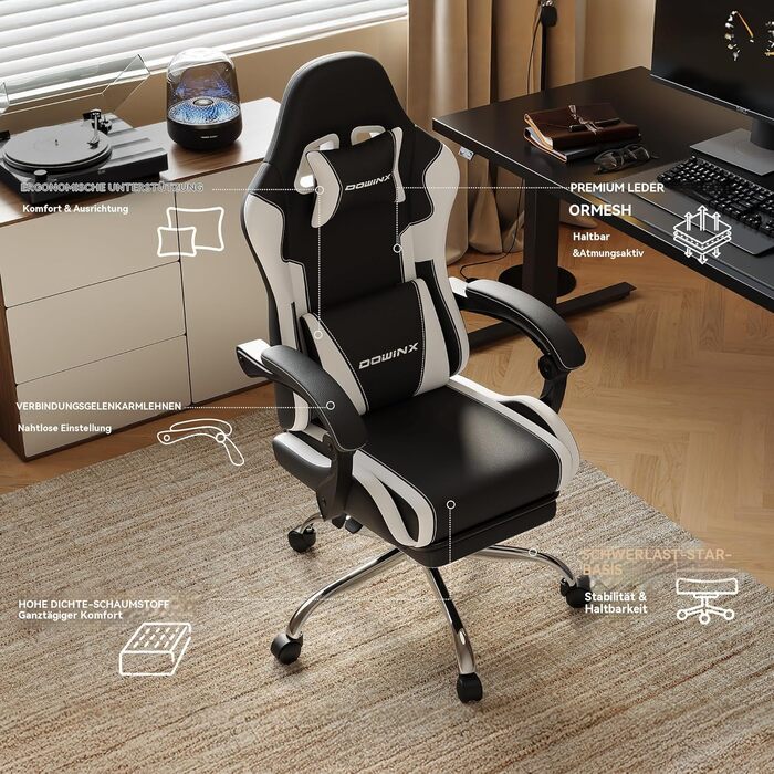 Ігровий крісло Dowinx з підніжкою та масажем попереку. Ергономічне, комфортне, з підголовником. Ідеально для офісу, дому, стрімінгу та тривалих ігрових сесій, біле.