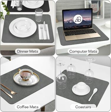 Набір підставок під тарілки 6 шт, неслизькі, миючіся, з штучної шкіри, 40 x 30 см (сірий/чорний)