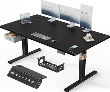 Регульований стіл Devoko 160x80 см з висувними ящиками, USB-порт, органайзер для кабелів, стіл для комп'ютера з 3-ма режимами пам'яті, білий (чорний)