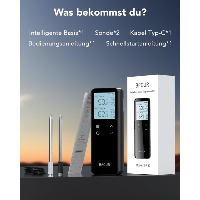 Бездротовий термометр для м'яса BFOUR BF-80 з Bluetooth та Wi-Fi, 2 зонди, 6 сенсорів, IP67 водонепроникний, сенсорне управління, APP-керування, термометр для приготування BBQ, духовки та гриля