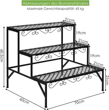 Ступінчасті металеві сходи для квітів, полиця для рослин з нековзними ніжками, 70x260.5 см, чорна, 3-