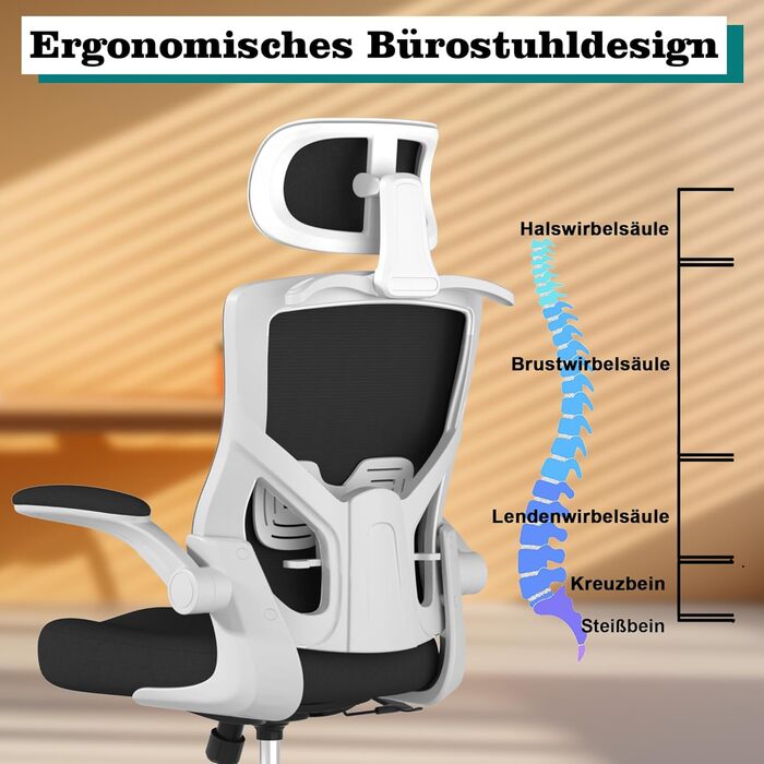 Ергономічне крісло для офісу з регульованою підголівником та поперековою підтримкою – високе офісне крісло з сітчастою спинкою та м'яким сидінням, вішалка для одягу та функцією блокування (Чорний колір з білим каркасом)