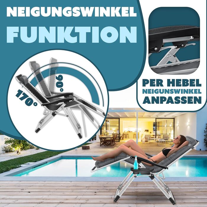 Шезлонг KESSER® для саду, широке лежаче місце, стійкий до погодних умов, витримує до 200 кг, ергономічна спинка з регулюванням, подушка, підголівник, тримач для напоїв, підлокітники та бічна кишеня, антрацит