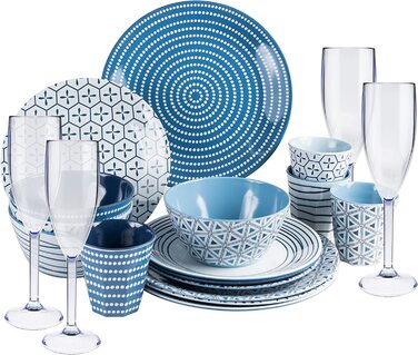 Набір посуду для кемпінгу на 4 особи, блакитно-білий, з меламіну, 16 предметів + акрилові келихи (20 предметів)