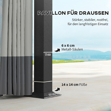 Газонний павільйон, 3,3 x 4 м, намет для саду з сітчастими шторами, двоярусна дах, обтяжка з екошкіри, металевий каркас, світло-сірий