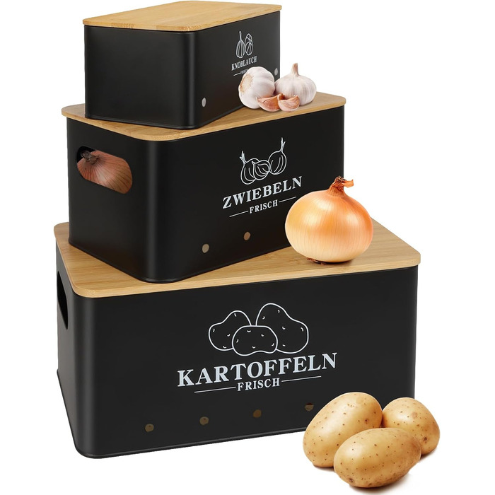 Набір контейнерів для картоплі, цибулі та часнику, 3 шт. з бамбуковим кришками, бежевий (Moz-O-PBDE02-BK)