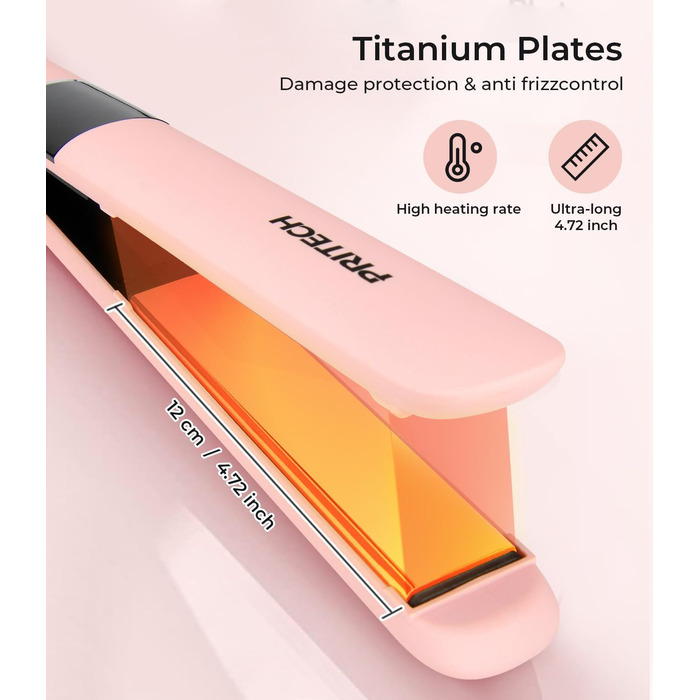 Праска для волосся PRITECH з титановими пластинами, LCD-дисплеєм, регульованою температурою 150-230°C, рожева