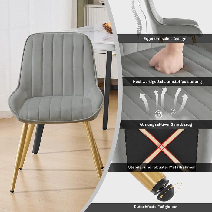 Крісла для їдальні Lestarain, 2 шт., для кухні, вітальні, їдальні, в стилі ретро, з м'яким сидінням, металеві ніжки, до 150 кг, (велюр, світло-сірий)