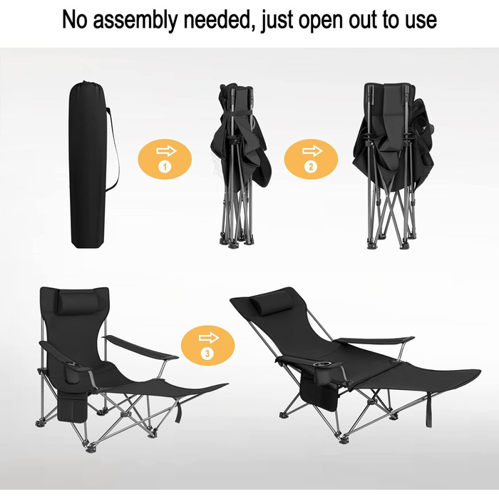 Набір з 2 кемпінгових крісел складний, розкладний стілець Шезлонг для вулиці, рибальське крісло Сонцезахисне крісло ультра легке з підлокітниками та підстаканником CPS8148bl-2 (чорний)