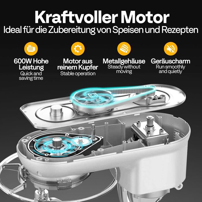 Кухонна машина VIVOHOME 5.7L з місткістю 5.7 літрів, потужністю 660W, 10 швидкостей, функцією імпульсу, для замішування тіста, з бризковим захистом, містить гак для тіста, вінчик та роздільник яєць (срібна)