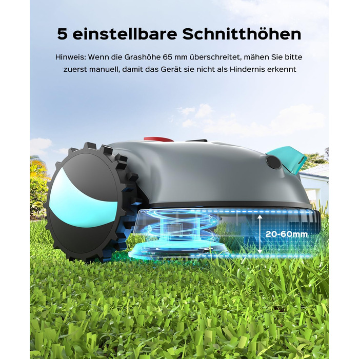 Робот-газонокосилка V100 без обмежувального кабелю з камерою, уникнення перешкод, навігація Vision, акумулятор 4 Ah, 150㎡, запасні леза, спіральне косіння, сірий колір