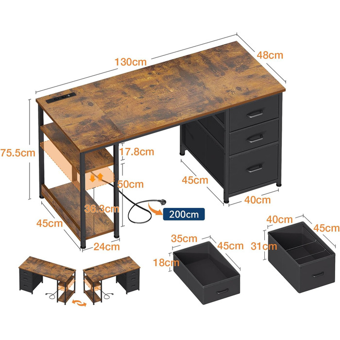 Комп'ютерний стіл Coleshome з ящиками з тканини, 130x48 см, з 2 розетками та 2 USB-портами, з полицею, для офісу/вітальні, коричневий, 130x48x75.7 см