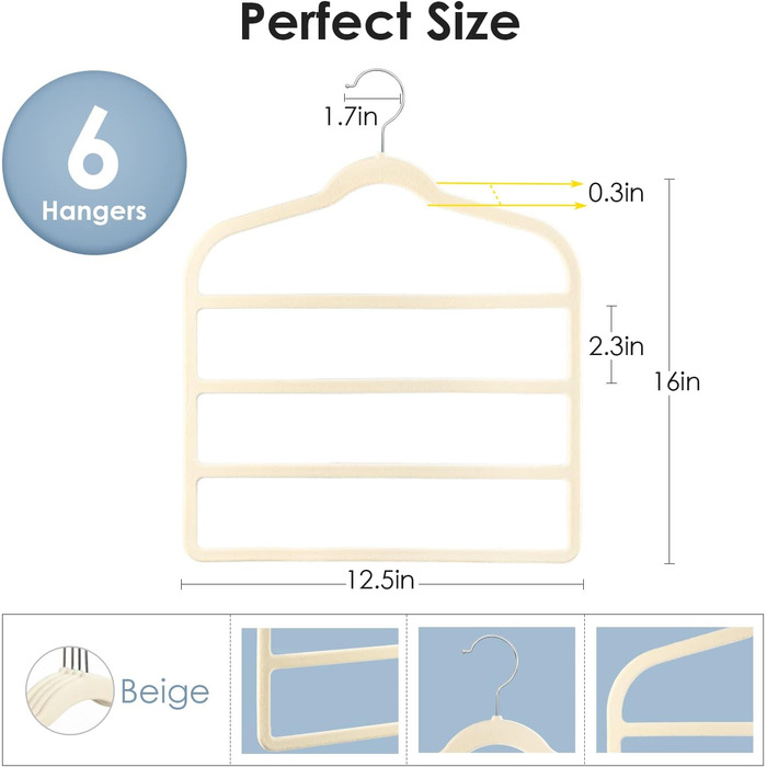 Набір з 6 вешалок для штанів DUDUCOFU з оксамитовим покриттям, ABS пластик, бежевий колір