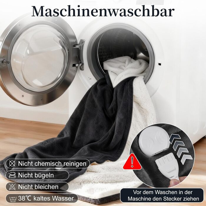 Електрична гріюча ковдра з таймером та захистом від перегріву 130x180 см, 8 режимів нагріву, пральна машина, фланцель-шерпа, сіра для дому та офісу