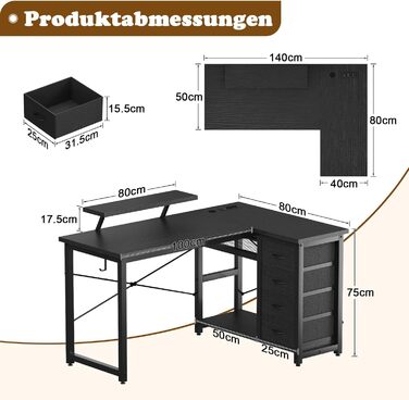Кутовий стіл Devoko з 4 ящиками з тканини, 2 розетками та 2 USB-портами, для дому та офісу, ігор, білий, 140x80 см