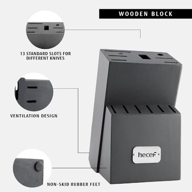 Набір ножів Hecef 14 предметів з дерев'яним блоком, професійний набір кухонних ножів з нержавіючої сталі, з шліфувальником, ножицями та ножем для стейка (сірий)