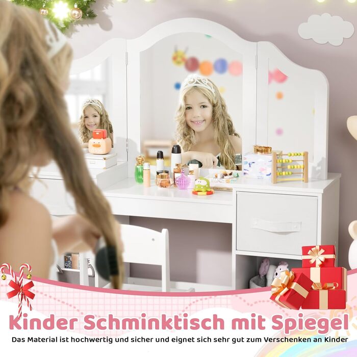 Дитячий туалетний столик MAMIZO 2 в 1 з дзеркалом та пуфом, рожево-білий, 108x30x114 см