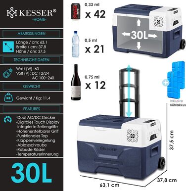 Електрична термохолодильник KESSER® Kompressor на 30 літрів, Navyblau з APP-керуванням, USB, 12/24V/230V, -20°C для авто, вантажівки, човна