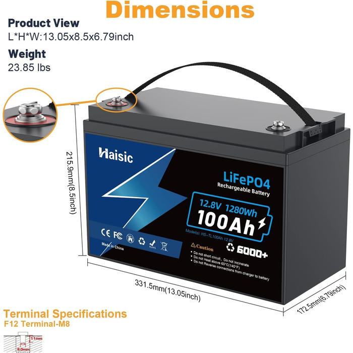 Літієва батарея LiFePO4 100Ah 12V, 10 років, 6000 циклів, 1280 Втгод, IP65, 100A BMS, для автофургонів, човнів, кемпінгу