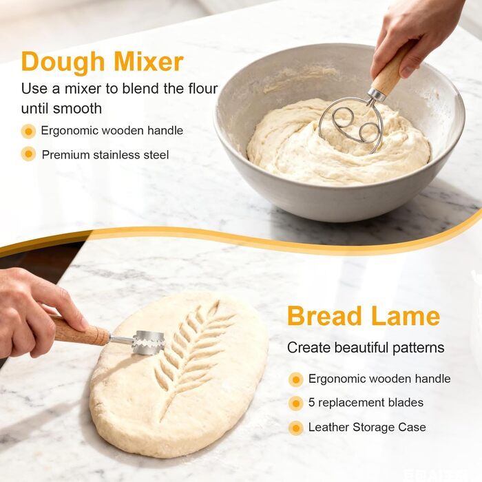 Набір для випікання хліба Gärkorb, повний комплект аксесуарів для випікання хліба (23см круглий & 25см овальний), скребок для тіста, льняний вкладиш, мішалка для тіста & лопатка для хліба. Набір для випікання хліба для початківців та професіоналів