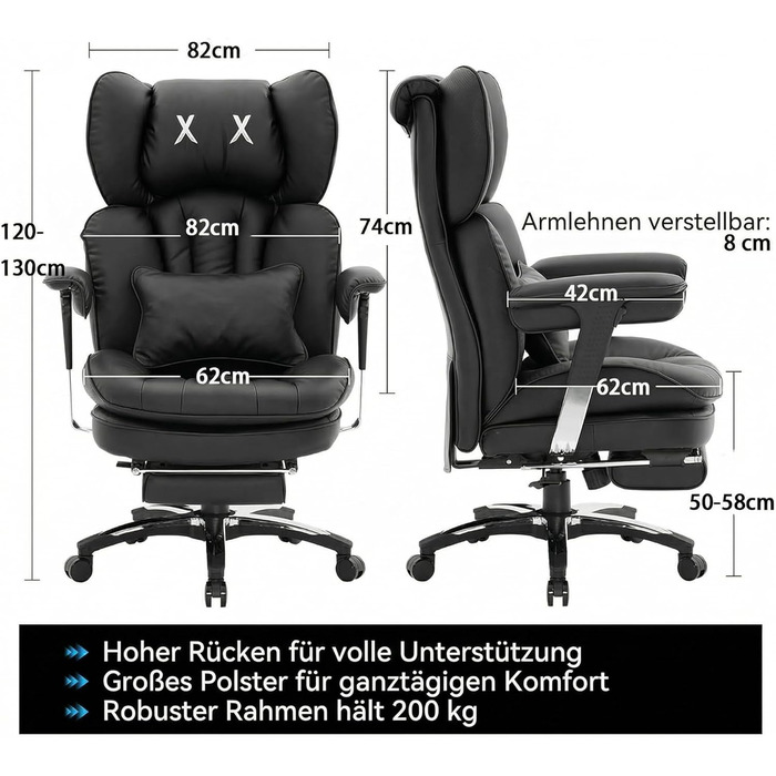 Ергономічне офісне крісло Efomao з PU шкіри для дому та офісу, 200 кг, з підставкою для ніг та підтримкою попереку, чорне