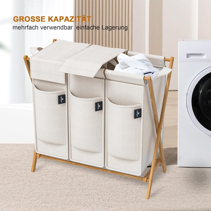 Кошик для білизни AdelDream з 3 відділеннями, 150л, бамбук, сірий