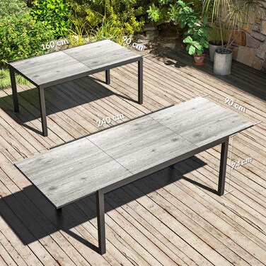 Розсувний обідній стіл Outsunny Garden Table на 6-8 персон, 160/240 x 90 см Алюмінієвий балконний стіл з дерев'яним виглядом Стійкий до погодних умов стіл для патіо Відкритий фуршетний стіл для саду, патіо Балкон сірий