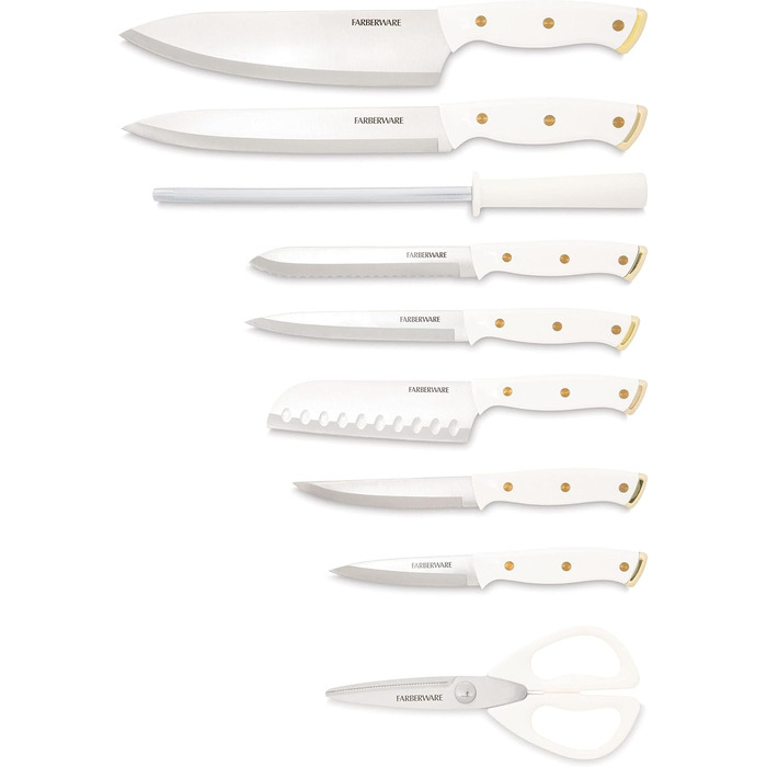 Набір кухонних ножів Farberware 15 предметів з дерев'яним блоком, нержавіюча сталь, білий та золотий