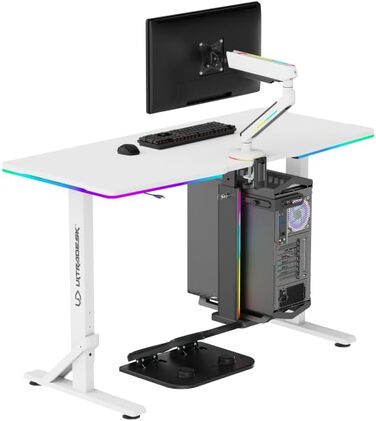 Комп'ютерний стіл ULTRADESK Iron з RGB підсвічуванням: механічний регульований стіл для геймінгу (білий)