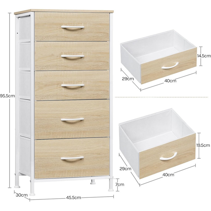 Комод WOLTU з 5 висувними ящиками з тканини, шафа-комод, тумбочка, для спальні, вітальні, передпокою, з металевим каркасом та ДСП, світлий дуб + білий, SSK004whe