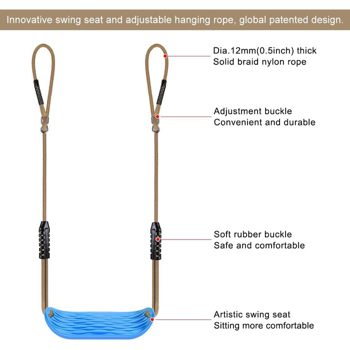 Гойдалка садові SELEWARE для дітей та дорослих: комплект з канатом 2м та 2 карабінами, чорний (синій)