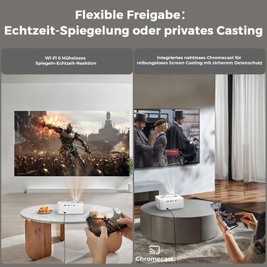 Портативний проєктор Beamer 4K з Dolby Audio, HDR10, WiFi6, Bluetooth 5.4, Auto Fokus, для домашнього кіно та перегляду спортивних подій, білий