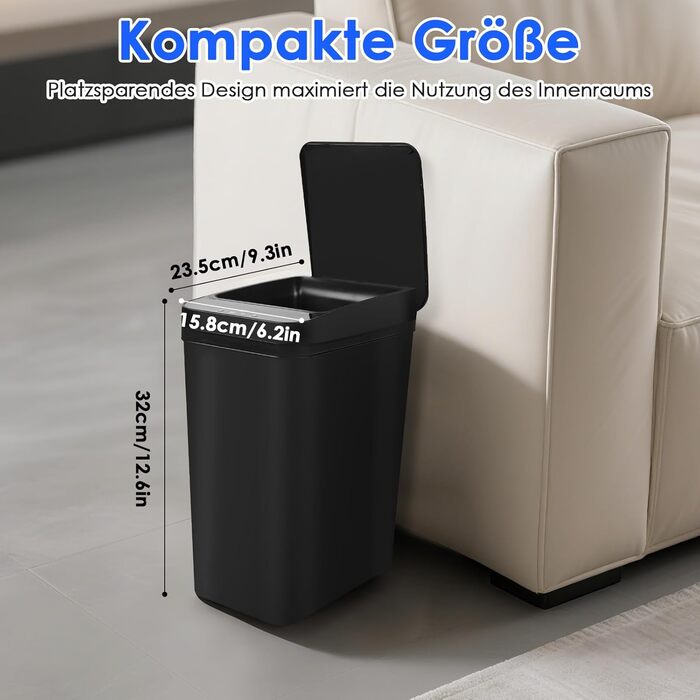 Набір з 2 відер для сміття з сенсором, 12л, автоматичний відкривання кришки, 3 режими роботи, тихе, водонепроникне, інтелектуальне відро для сміття, для кухні, офісу, вітальні, ванної кімнати (Чорний+Білий)