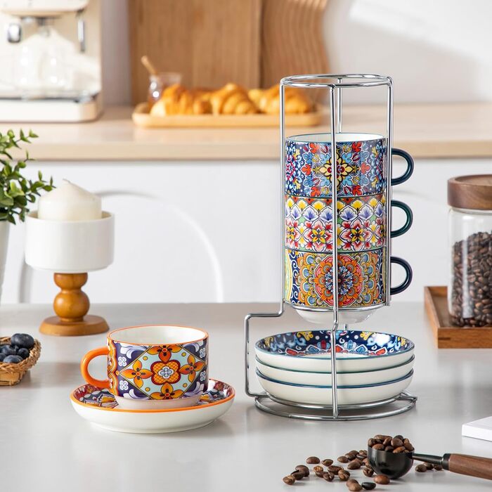 Набір чашок для еспресо Vancasso 4 шт., 150 мл SIMI, з підставками та стійкою, керамічні, для капучино, еспресо, лате (270 мл)