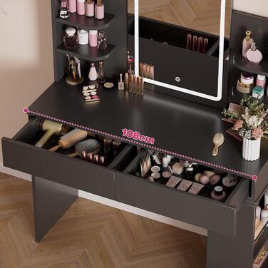 Великий туалетний столик Airfish з підсвічуванням 108x40 см, з дзеркалом та полицями, 2 шухляди, регульована яскравість, 3 кольори, для спальні/вітальні (білий туалетний столик) (чорний туалетний столик)