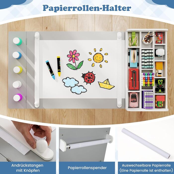 Дитячий стіл COSTWAY 3 в 1 з 2 стільцями, мольберт, органайзер, сірий (120x60x60 см)