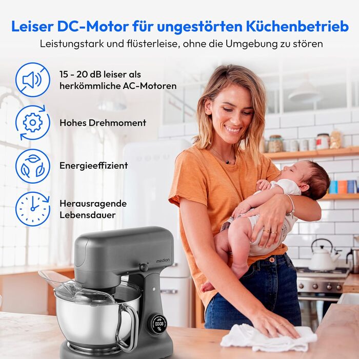 Кухонна машина MEDION MD 12600 Titan: м'ясорубка, 4.6 л чаша з нержавіючої сталі, 800 Вт, тихий двигун, сенсорне дисплею