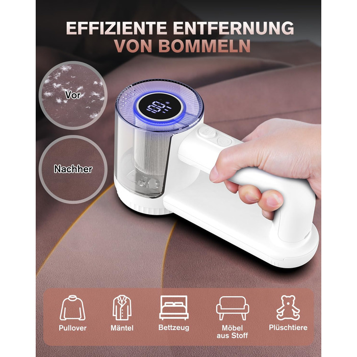 Електричний видальник ворсу Homtronics з USB-зарядкою, LED-дисплеєм та 6-кліновою головкою для одягу, диванів та килимів (білий)