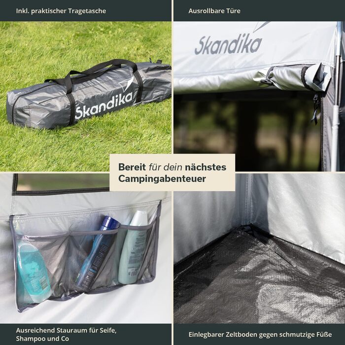 Душовий та кемпінговий намет-роздягальня Skandika: висота 230 см, світловідбиваюче покриття, непрозорий, з підлогою та вікнами