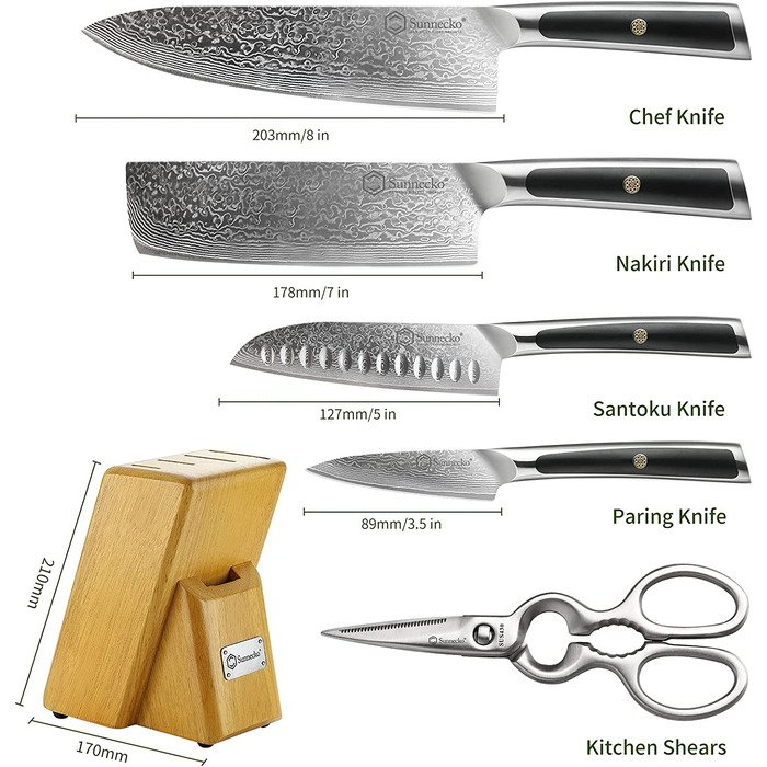 Набір ножів Sunnecko 6 предметів з блоком: кухонні ножі з дамаської сталі, ергономічні ручки, кухонні ножиці, тримач для ножів, дерев'яний блок