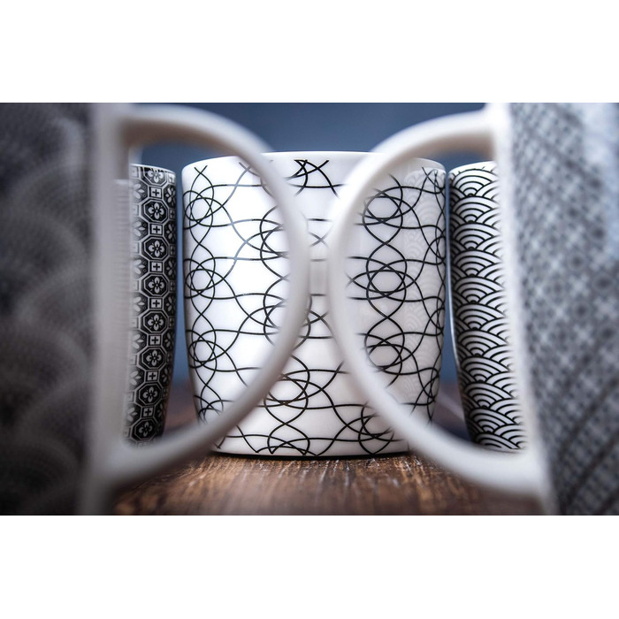 Набір чашок для кави та чаю, 6 шт., чорно-білий геометричний візерунок, кераміка