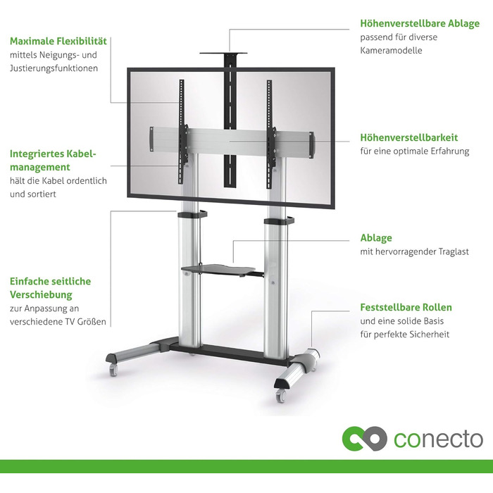 Підставка для телевізора Conecto TV Stand - мобільна, поворотна, регульована по висоті, 55-100 дюймів, модель LM-FS03G, срібна