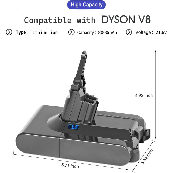 Батарея V8 8000 мАг Заміна на літій-іонний акумулятор Dyson V8 21,6 В (2 фільтри) для тварин/абсолютних/пухнастих