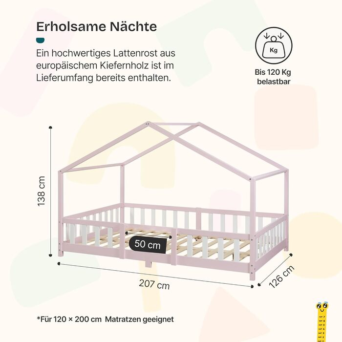 Дитяче ліжко Treviolo Hausbett від en.casa: дерев'яне ліжко Montessori з захистом від падіння, 120x200 см
