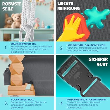 Дитячий гойдалка-колиска KIDIZ® для немовлят від 6 місяців та малюків до 3+ років. Дерев'яна гойдалка з регульованою висотою та м'якою подушкою. Для дому та вулиці, антрацит.