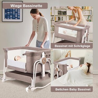 Дитяче ліжко-приліжкова коліска 4 в 1 з регулюванням по висоті, з колесами, комодом, москітною сіткою та матрацом (Хакі)