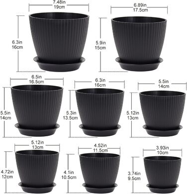 Набір горщиків для квітів з підставкою (8 шт.) 19/17.5/16.5/16/14/13/11.5/10 см, пластик, чорний, для дому та балкону