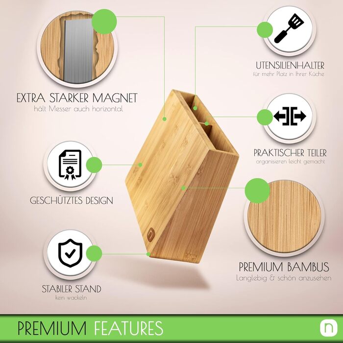 Магнітний блок для ножів + набір кухонних лопаток 5 шт. 2 в 1: Блок для ножів без ножів та тримач для кухонних аксесуарів - бамбуковий магнітний тримач для ножів - магнітний тримач для ножів - органайзер для кухні