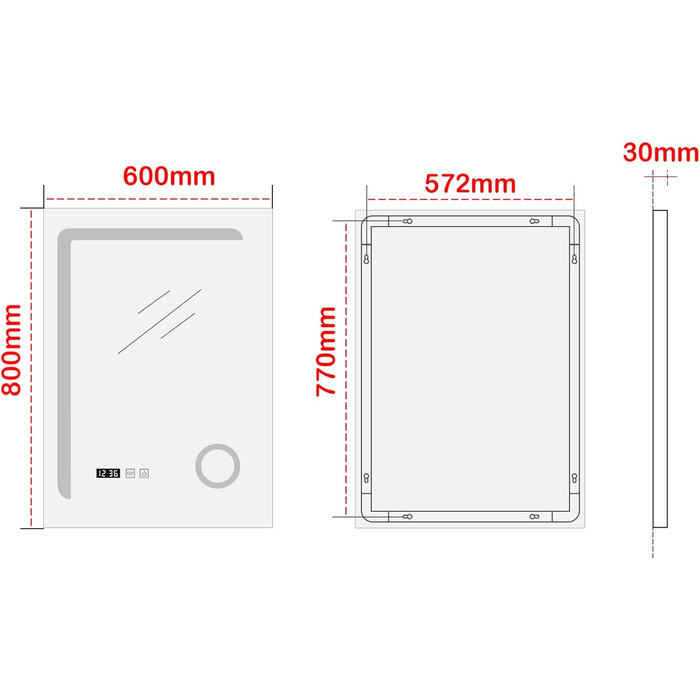 Дзеркало для ванної кімнати pro.tec LED Chambave з підсвічуванням, 3 кольори світла, вертикальне, для макіяжу, прямокутне, 60 x 80 см, срібне, антизапарююче, з лупою та годинником